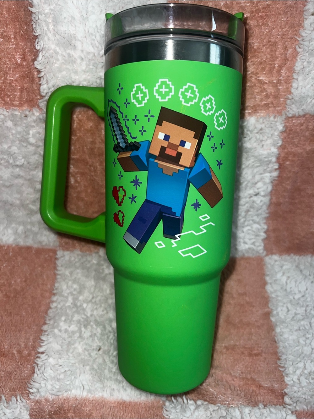Green Kids Travel Tumbler with Block-Style Game Character Graphic
